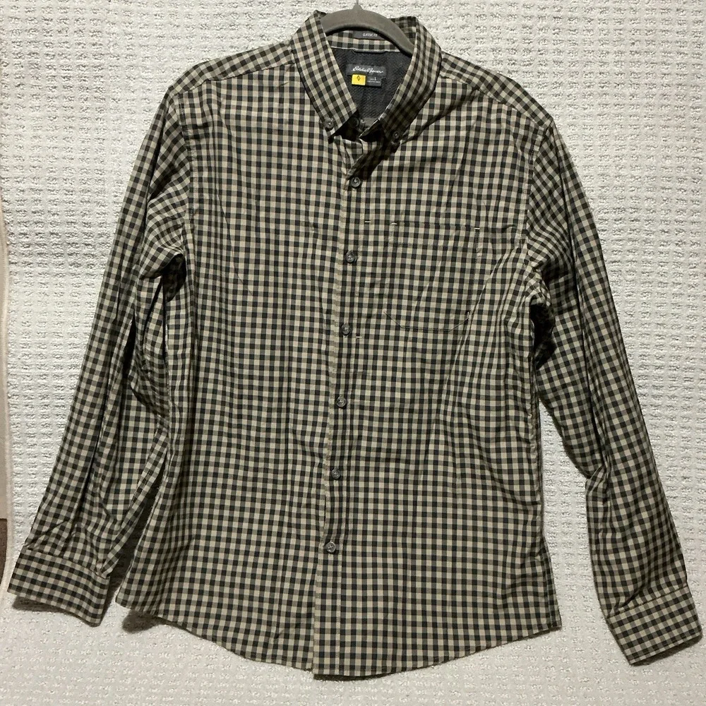 Eddie Bauer Classic Fit Men's Long Sleeve Button‎ Down Shirt Deep Green/Cream L